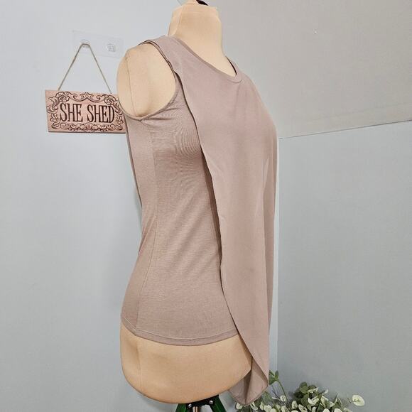Lisa Rinna Twofer Taupe Asymmetric Chiffon Overlay Jersey Knit Tank Top - Picture 2 of 10